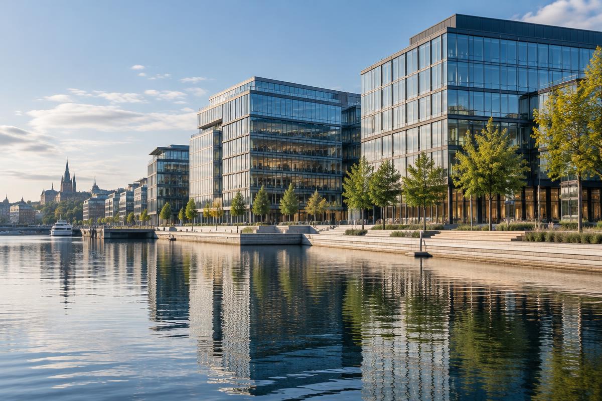 Moderna kontor vid vattnet i svensk stadsmiljö, originalkonceptbild